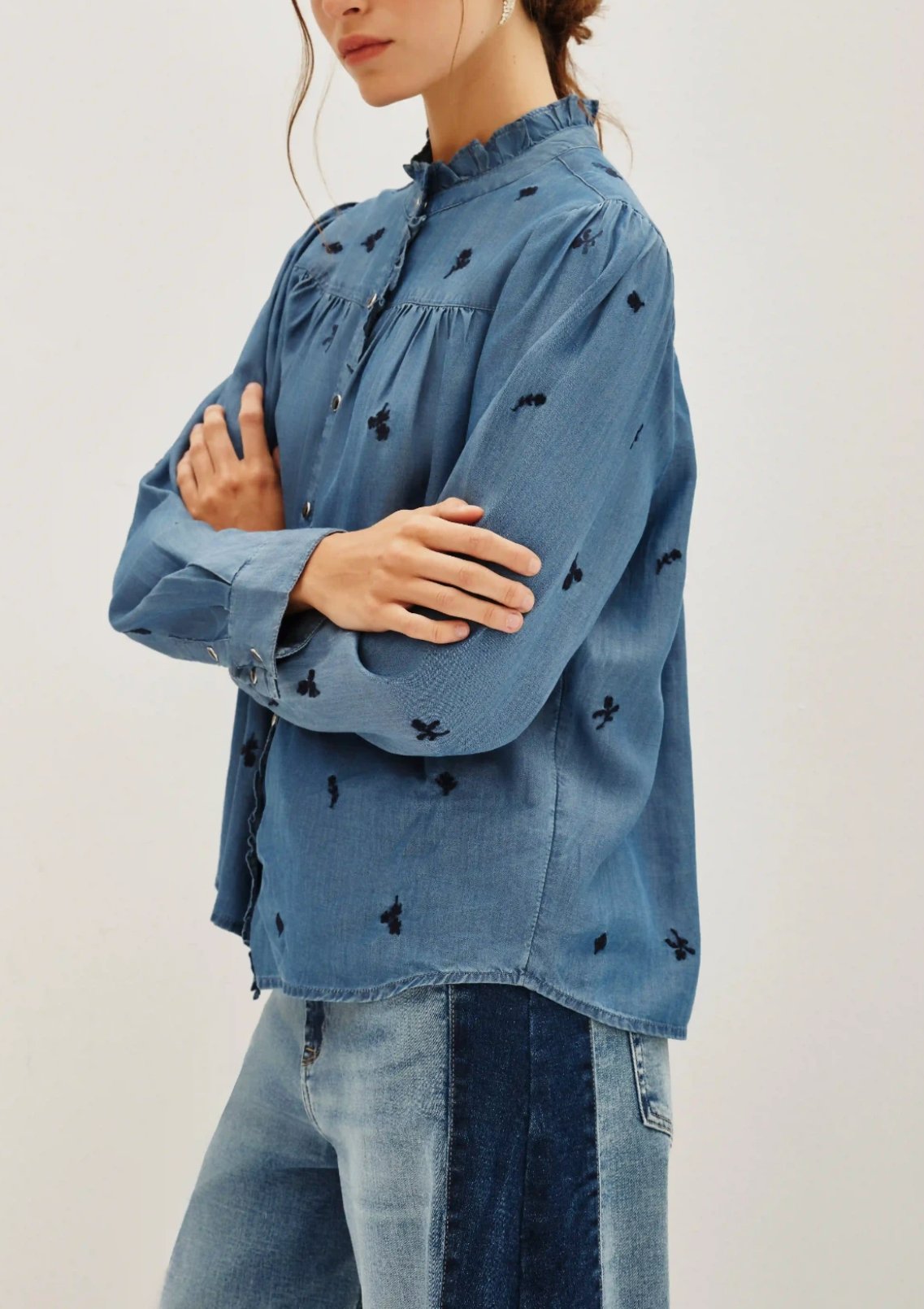 Women's long-sleeved round neck denim ruffle shirt（buy 2 free shipping)