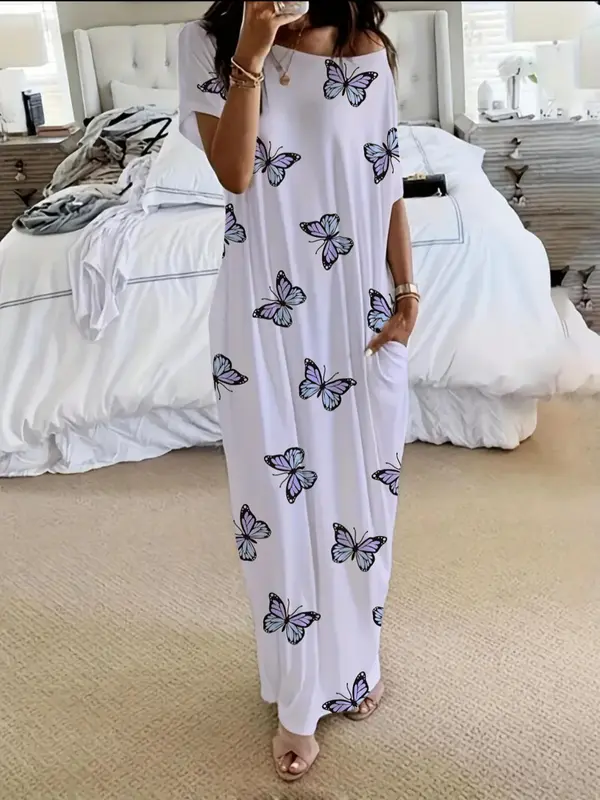 Women’s Batwing Sleeve Lounge Dress – Casual Short Sleeve Nightgown for Home & Daily Wear(BUY 2 FREE SHIPPING)