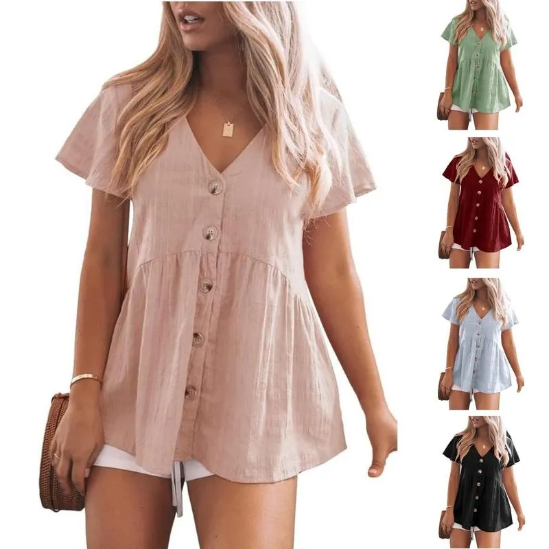 Women's short-sleeved V-neck shirt, button-down, loose and casual babydoll style with ruffled hem.