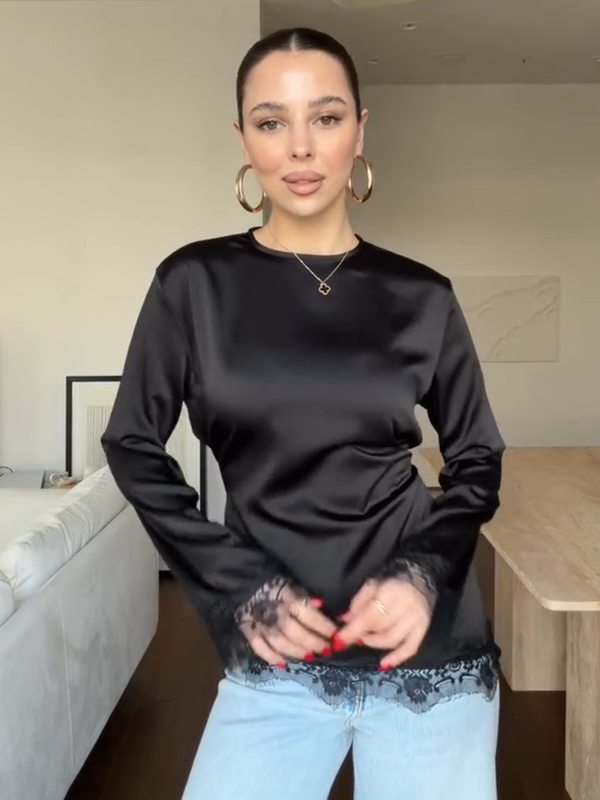 2026 New Round Neck Solid Color Long Sleeve Irregular Lace Hem Fitted Waist Top