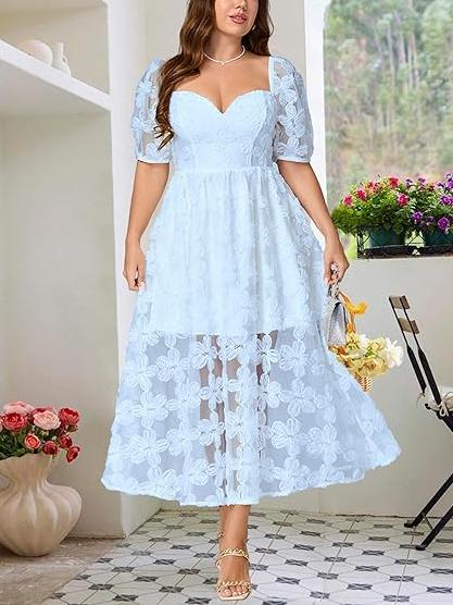 Women's Floral Embroidered Sweetheart Neck Midi Dress