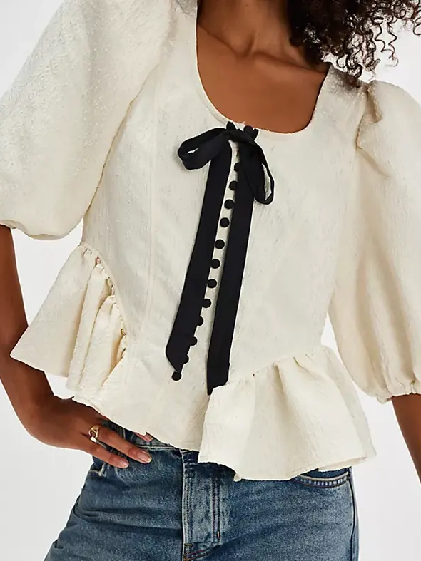Women's Contrast Bow Puff Sleeve Peplum Blouse
