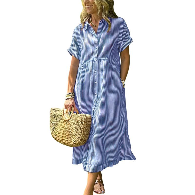 Women's summer striped midi button-down shirt dress（BUY 2 FREE SHIPPING)