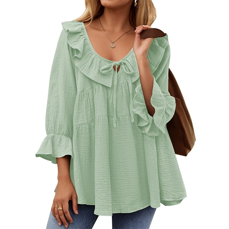 🔥HOT SALE🔥3/4 Sleeve Tee Round Neck Tie Front Layered Ruffle Shirt(BUY 2 FREE SHIPPING)