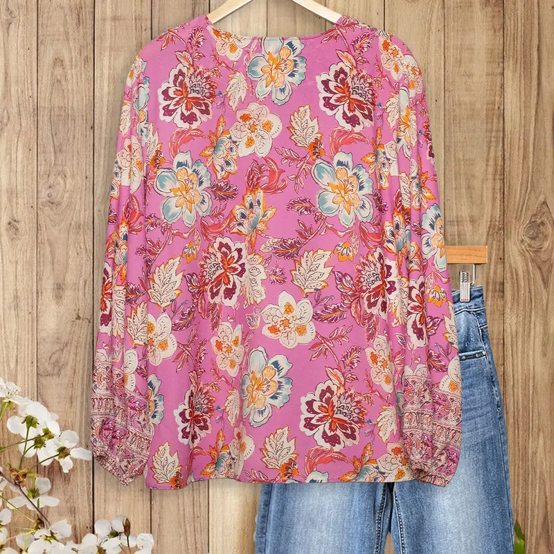 Women's floral print V-neck long puff-sleeved shirt（buy 2 free shipping）