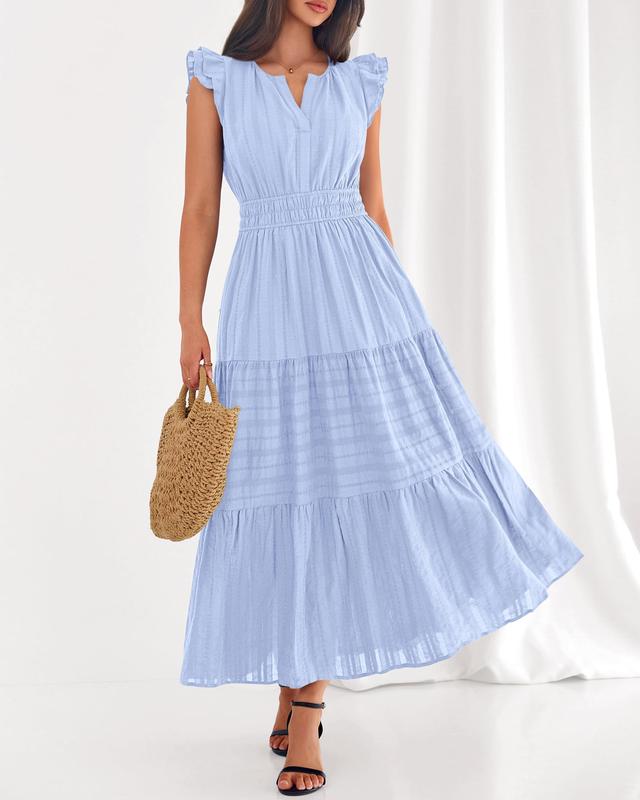 Dresses for Women Spring 2026 Maxi Casual Dress Flutter Short Sleeve V Neck