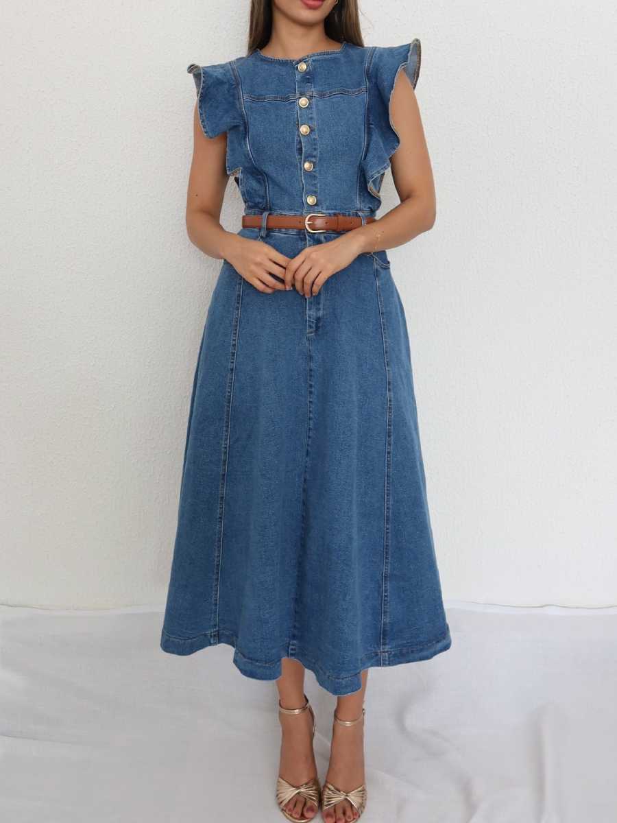 Women's Ruffle Trim Denim Midi Dress