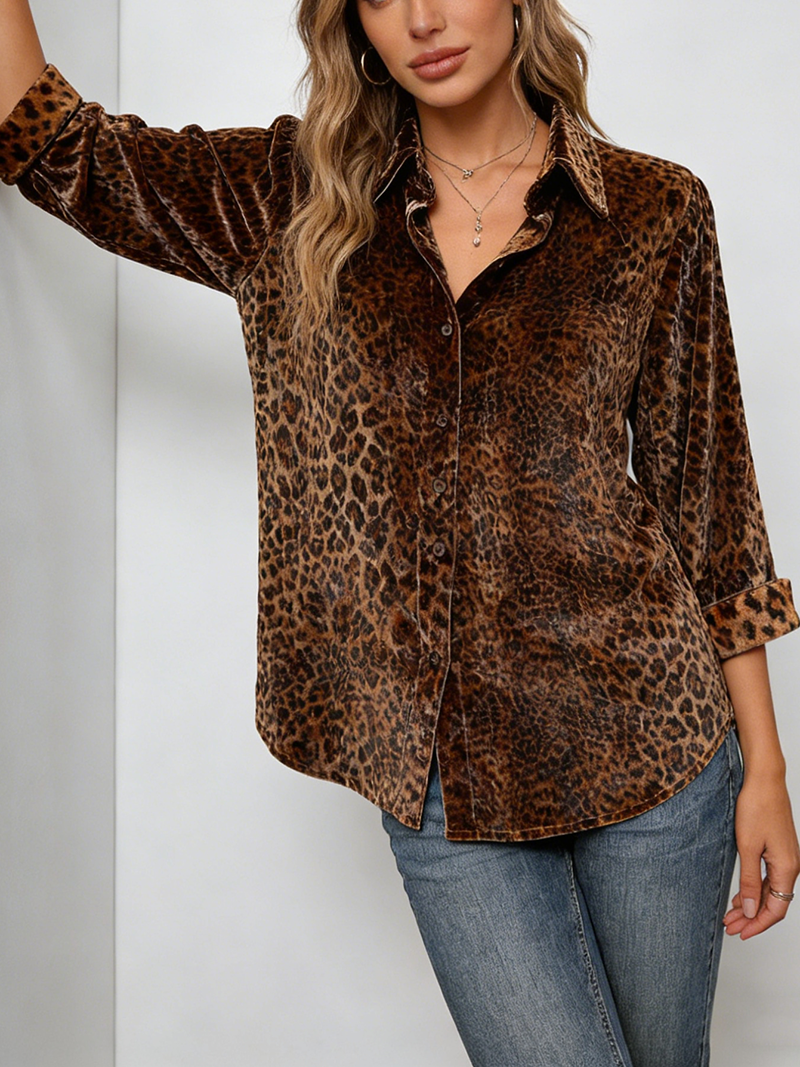 Leopard Print Collared Three Quater Sleeve Velvet Top