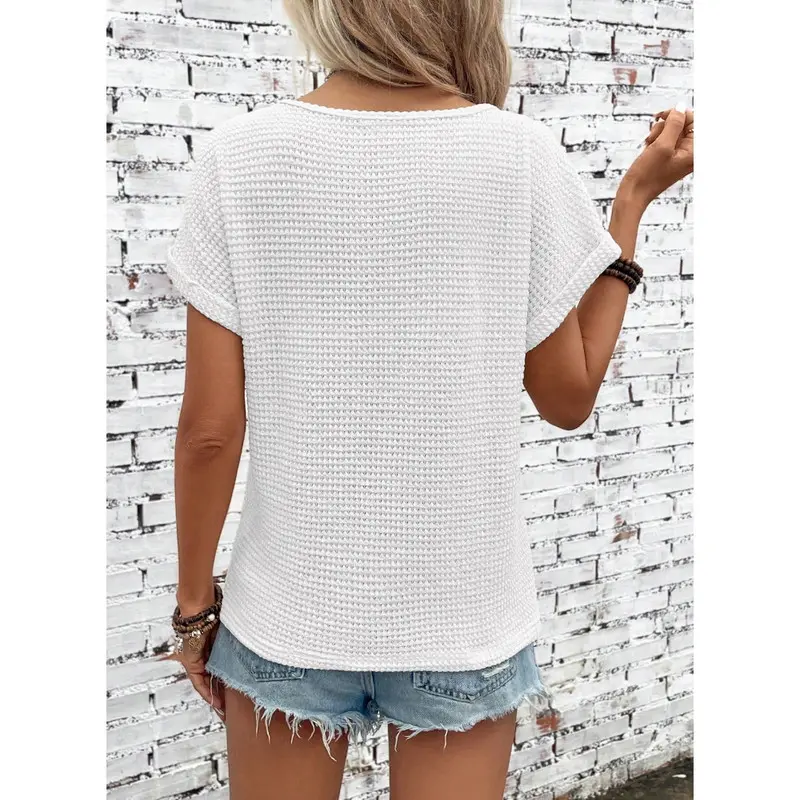 Women's Casual 2026 Waffle Knit Hollow Out Lace Tops Short Sleeve V Neck Loose Fit Shirts Blouses