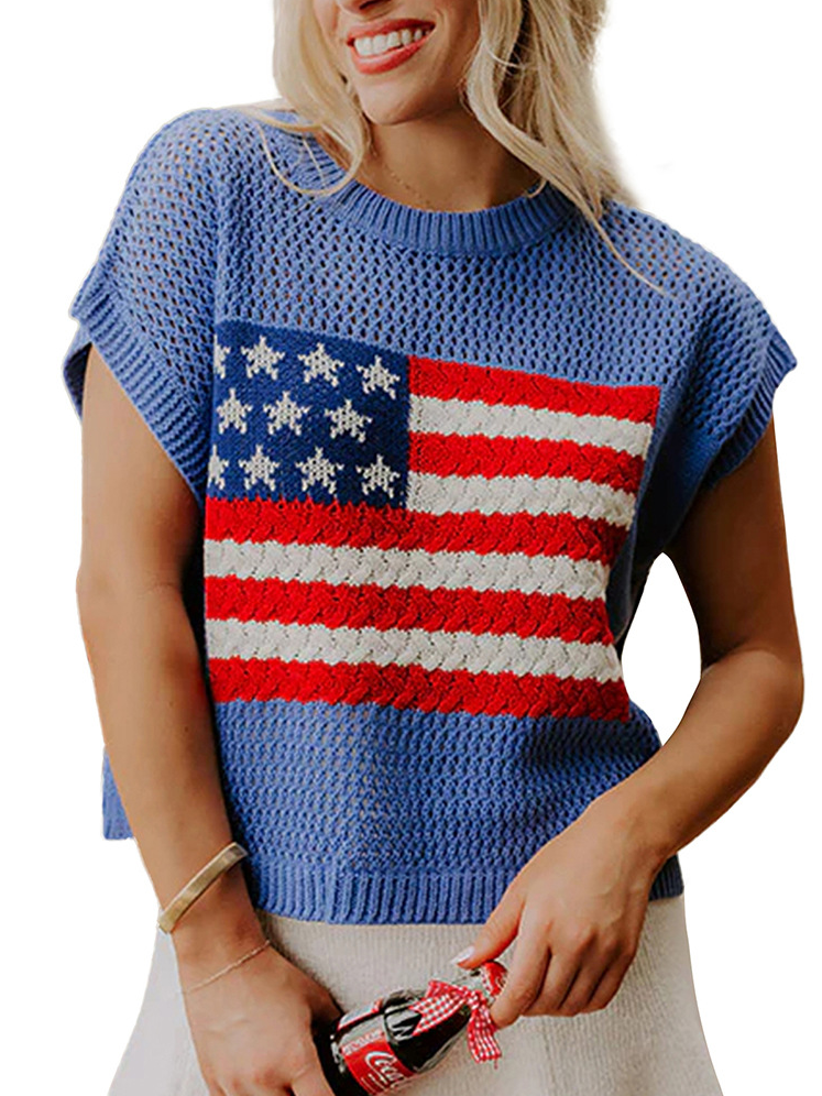 Women's American Flag Print Openwork Knit Sleeveless Sweater