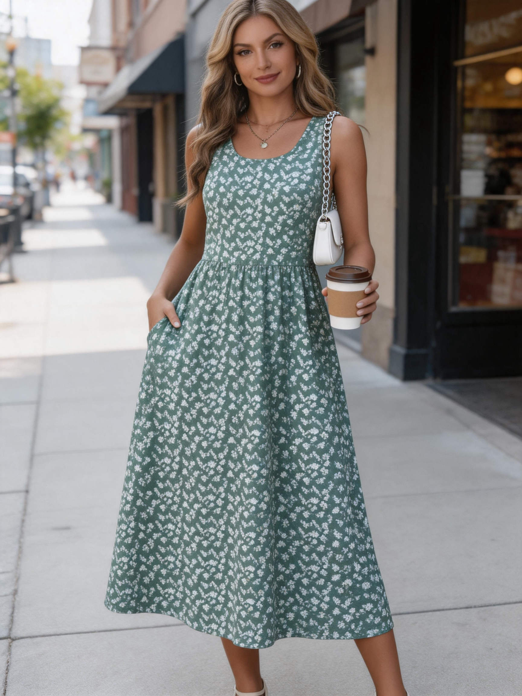 Women's Sleeveless Printed Flowy Dress With Pockets