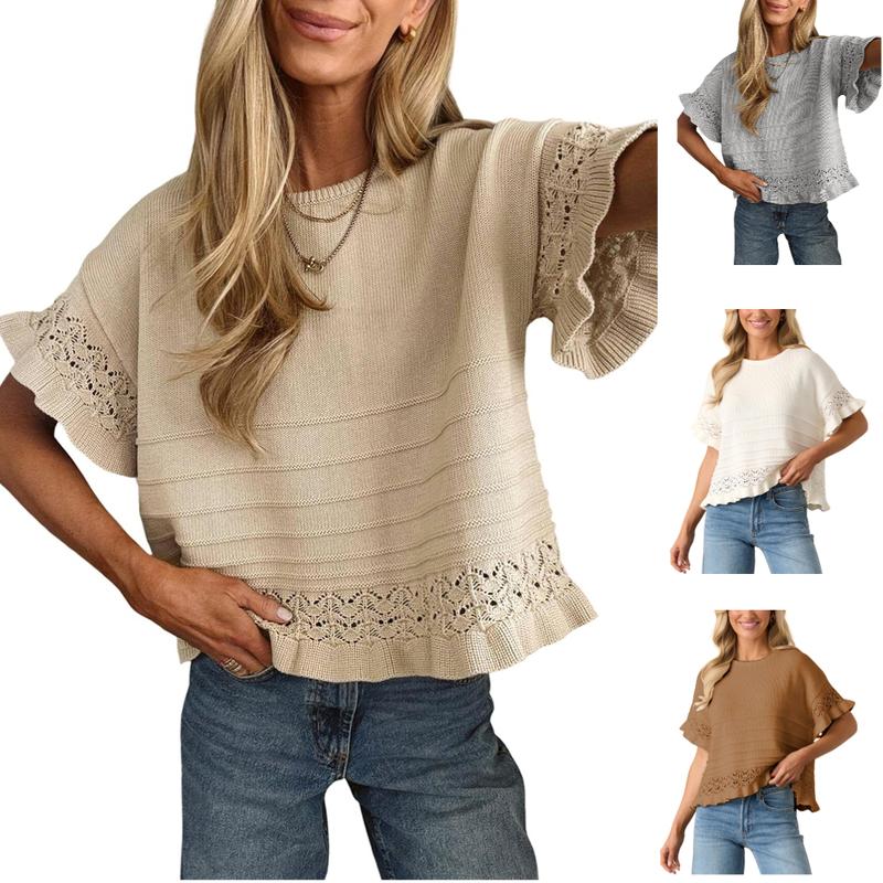 Women's round neck ruffled hem knitted short-sleeved top（BUY 2 FREE SHIPPING)