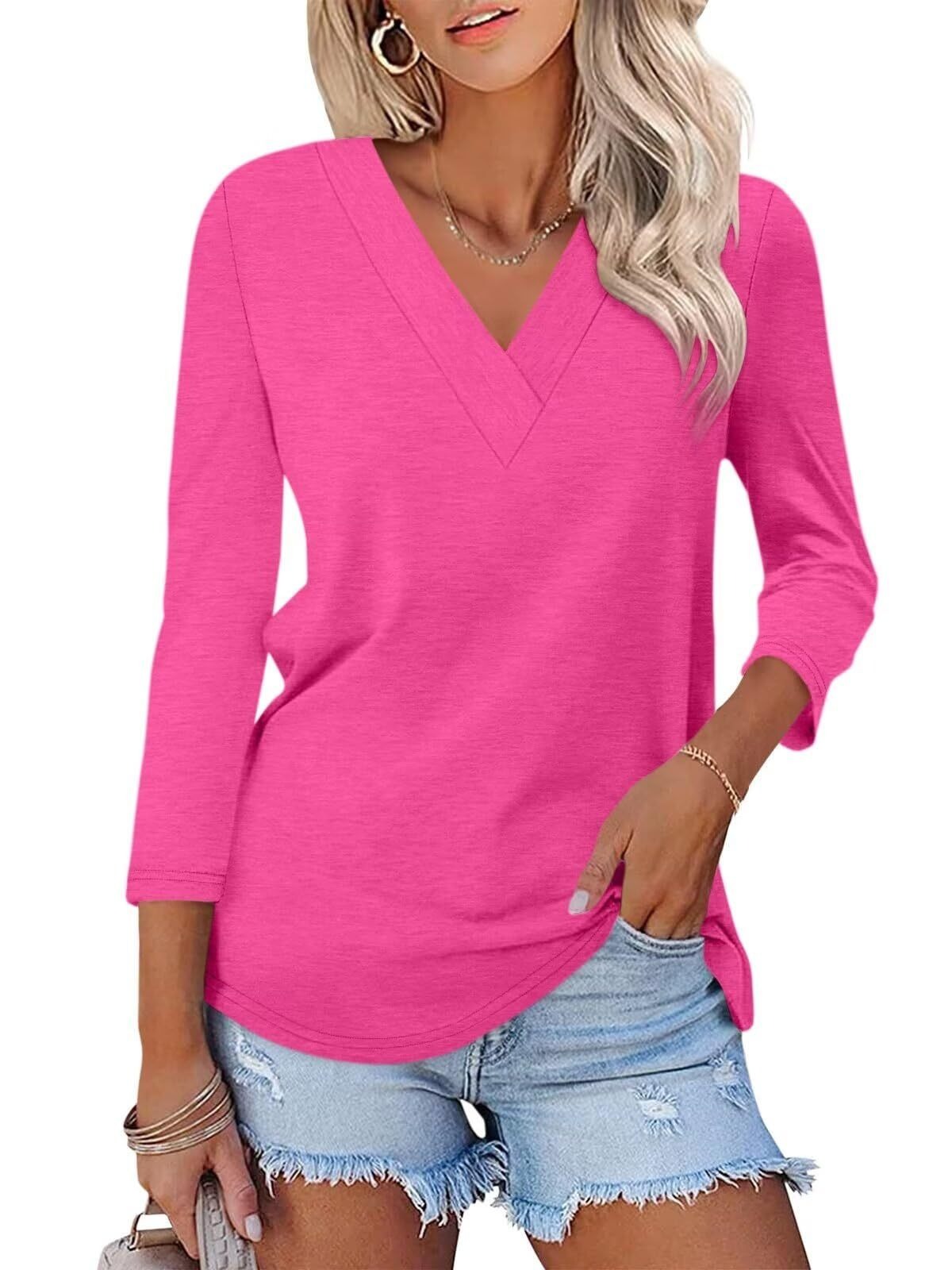🔥Hot Sale🔥Women's 3/4 Length Sleeves V Neck Shirts Basic Tees(BUY 3 FREE SHIPPING)