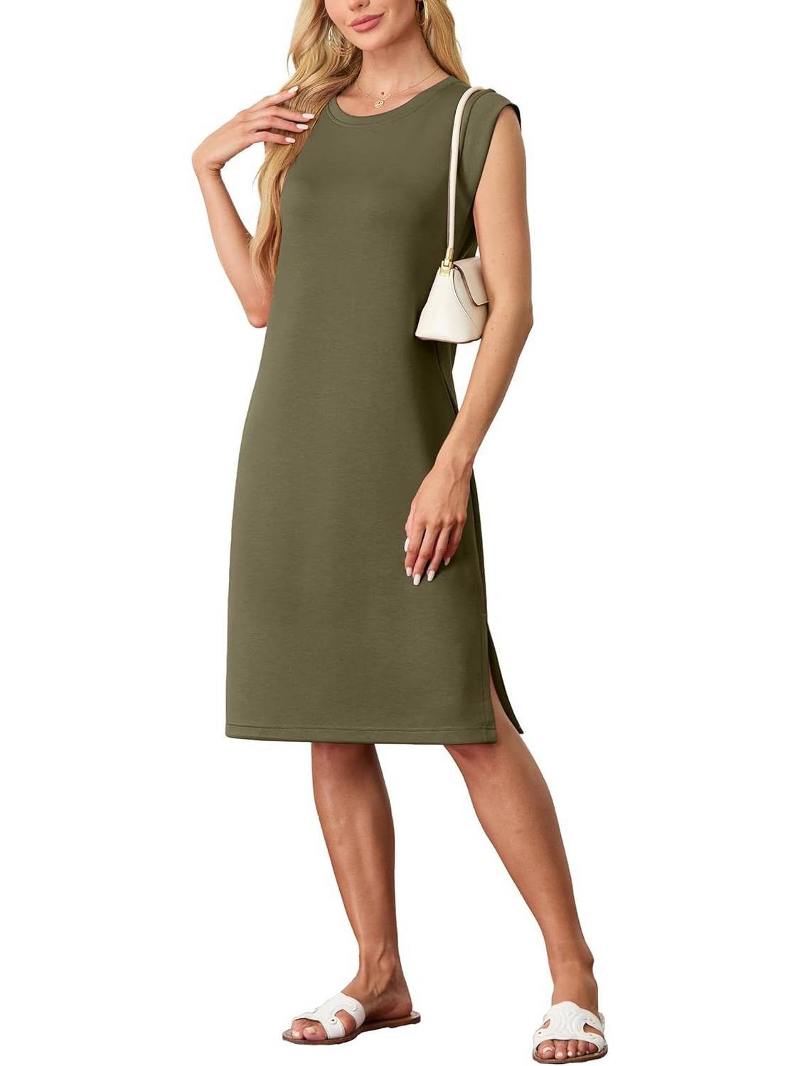 🔥Hot Sale🔥Women Round Neck Loose Split Wrinkle-Free Midi Dress with Pockets(Buy 2 Free Shipping)