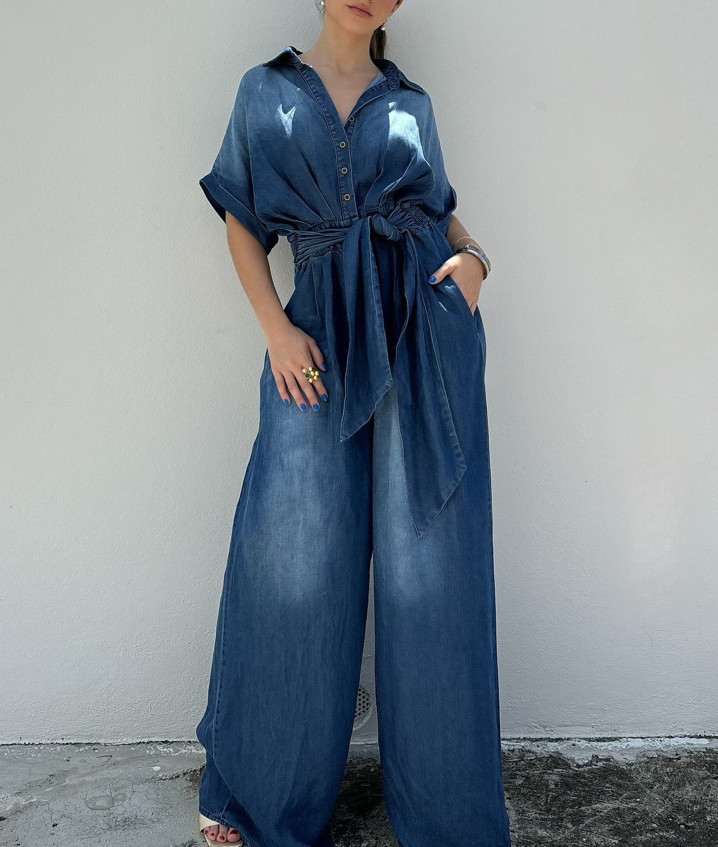 🔥HOT SALE🔥Casual Bat Sleeve Tie-Waist Tencel Denim Wide-Leg Jumpsuit (Buy 2 Free Shipping)