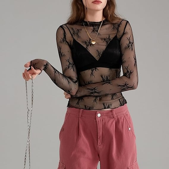🔥HOT SALE🔥Women Long Sleeve Tops Sheer Lace Basic Shirt Casual Pullover for Fall Club Streetwear Aesthetic Clothes