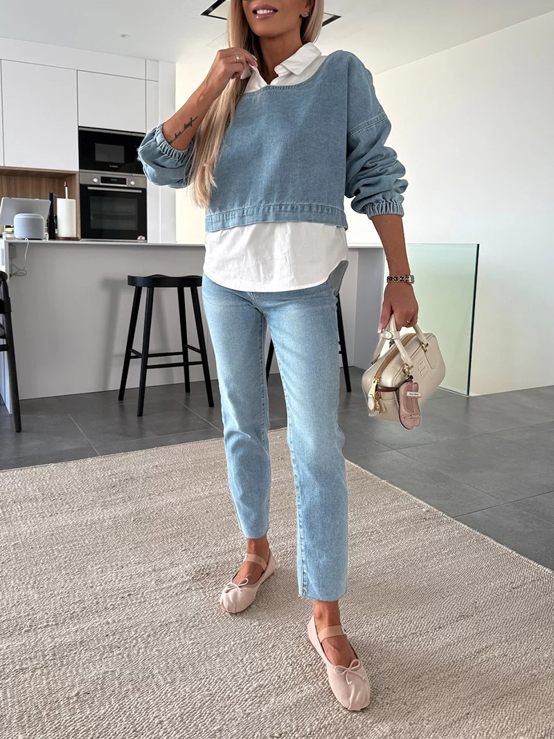Denim fake two-piece long-sleeved shirt