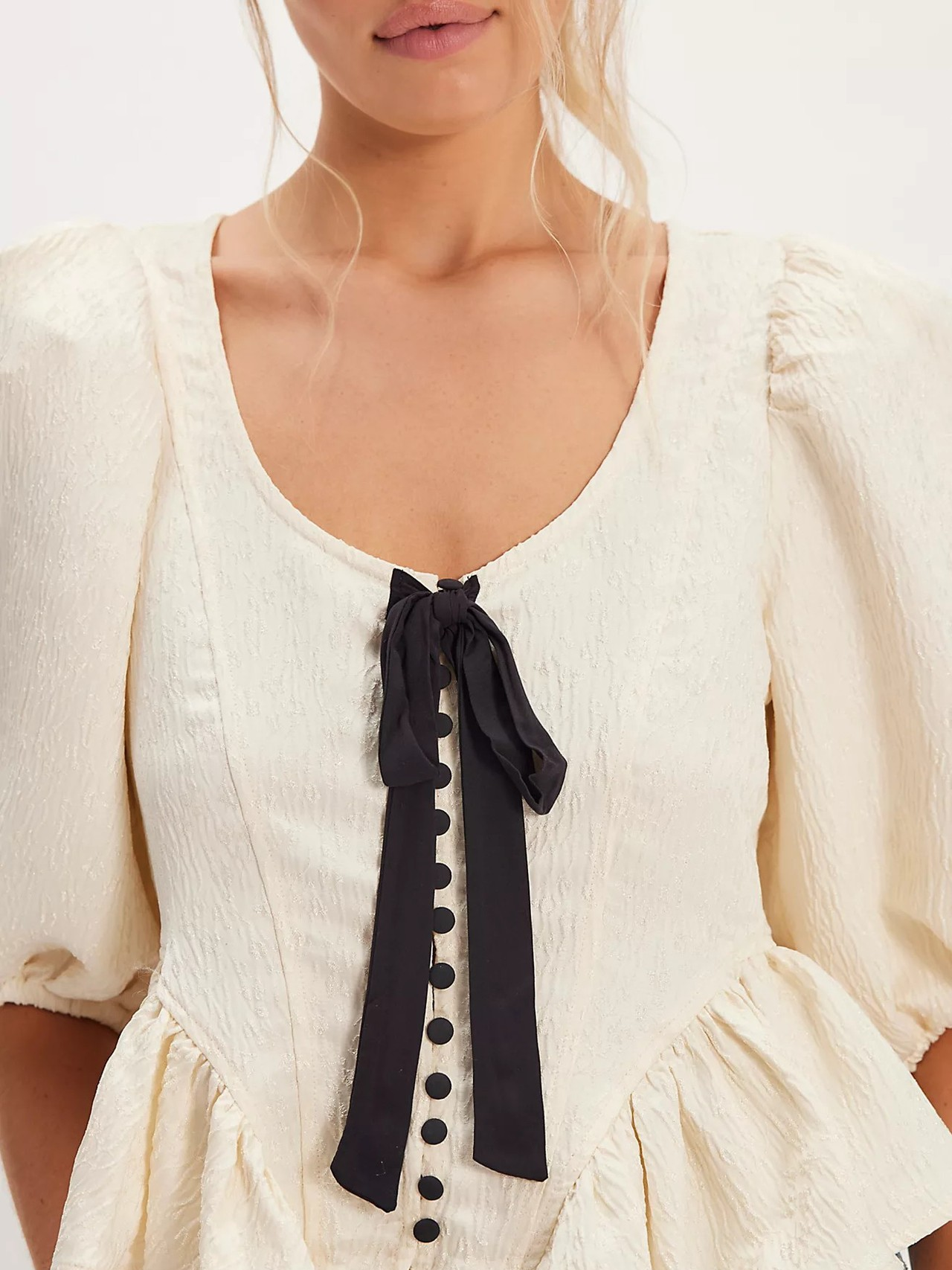 Women's Contrast Bow Puff Sleeve Peplum Blouse