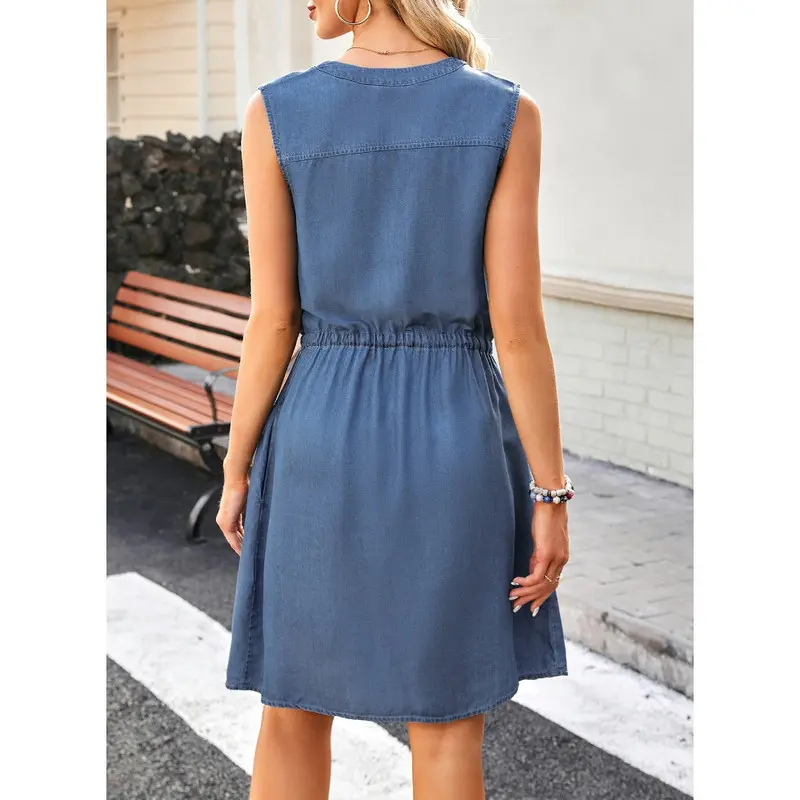 Women's 2026 Summer V-neck Sleeveless Buttoned Drawstring Dress（buy 2 free shipping）