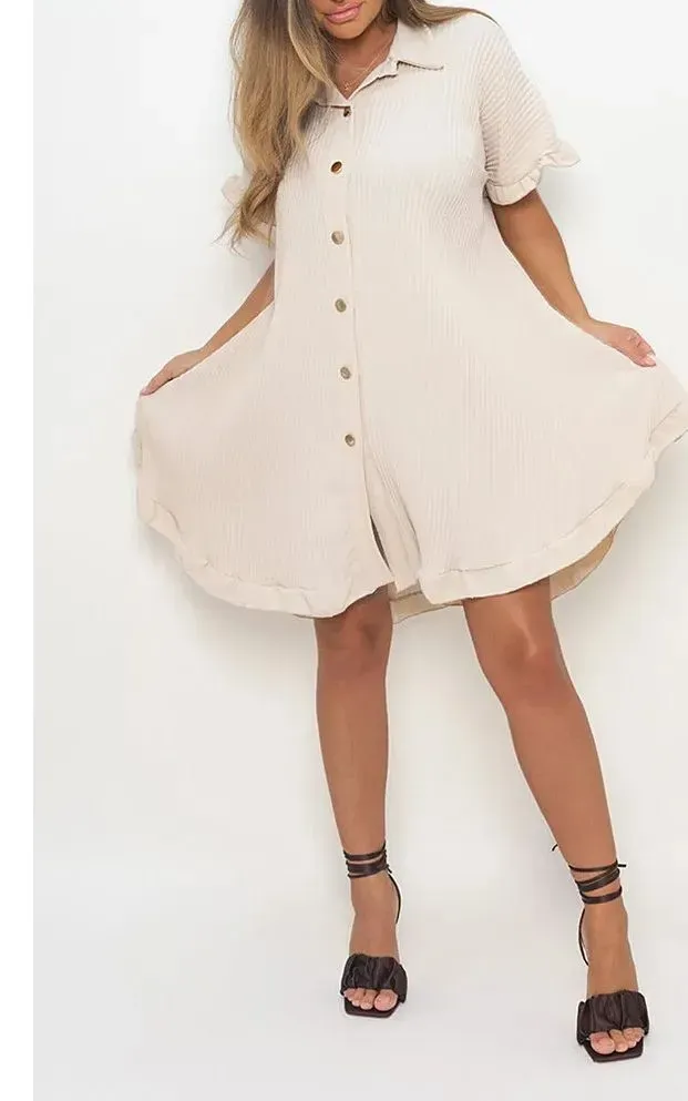 🔥🔥🔥🔥2024 STRETCH FANCY RIB BUTTON DOWN OVERSIZED RUFFLE SHORT SLEEVE MINI DRESS(BUY 2 FREE SHIPPING)