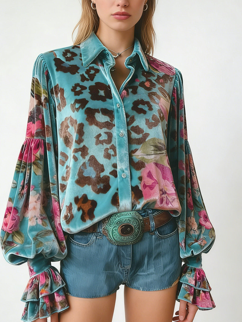 Leopard Floral Print Button Up Velvet Top