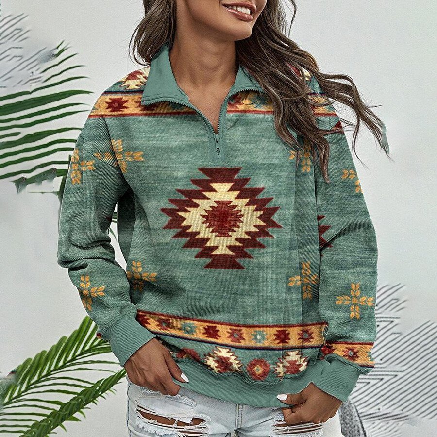 Ladies Retro Ethnic Western Geometry Printed Long Sleeve Sweatshirt