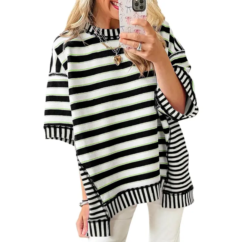Women's loose striped shirt, summer short-sleeved top, crew neck sweatshirt, casual shirt（BUY 2 FREE SHIPPING)