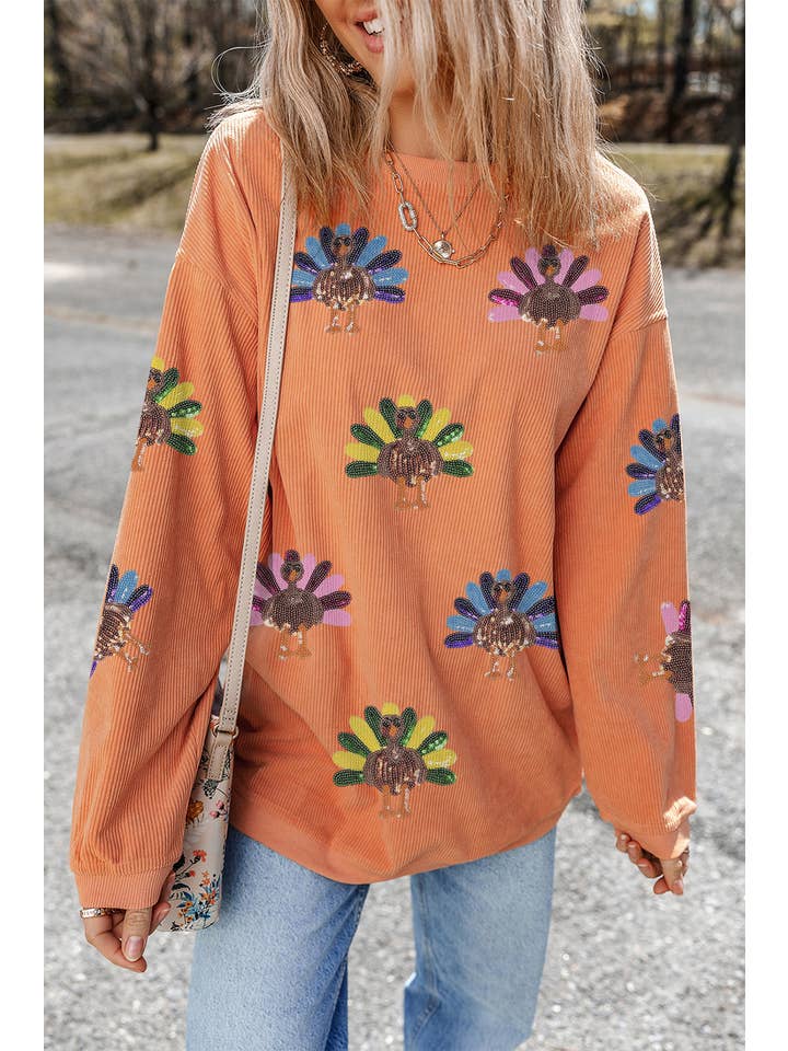 Women's Sequin Turkey Patch Thanksgiving Corduroy Sweatshirt (Buy 2 Free Shipping)