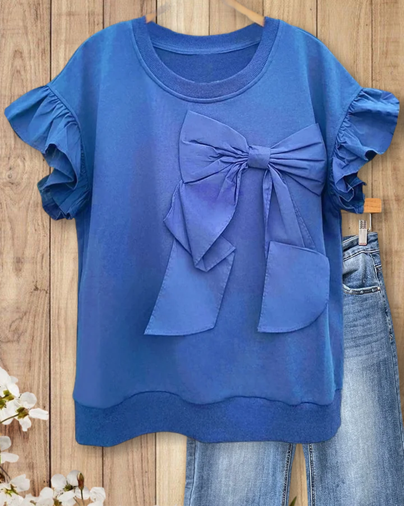 Solid Color Bow Decor Playful Ruffle Sleeve T-Shirt(BUY 2 FREE SHIPPING)