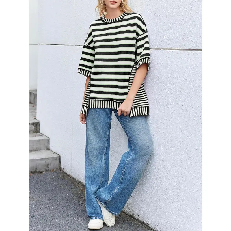 Women's loose striped shirt, summer short-sleeved top, crew neck sweatshirt, casual shirt（BUY 2 FREE SHIPPING)