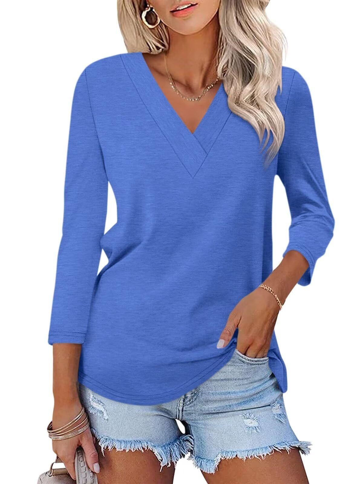 🔥Hot Sale🔥Women's 3/4 Length Sleeves V Neck Shirts Basic Tees(BUY 3 FREE SHIPPING)