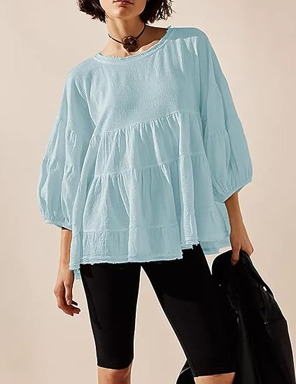 🔥HOT SALE🔥Women's Babydoll Shirts 3/4 Lantern Sleeve Peplum Tops Crewneck Loose Fit Oversized Round Neck Tunic Shirts(BUY 2 FREE SHIPPING)