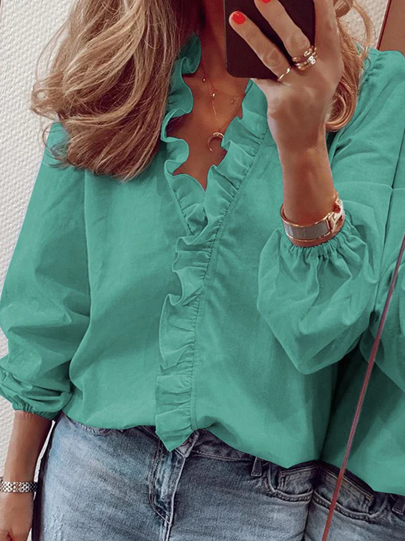 Puff Sleeves Falbala Solid Color V-Neck Blouses(BUY 2 FREE SHIPPING)
