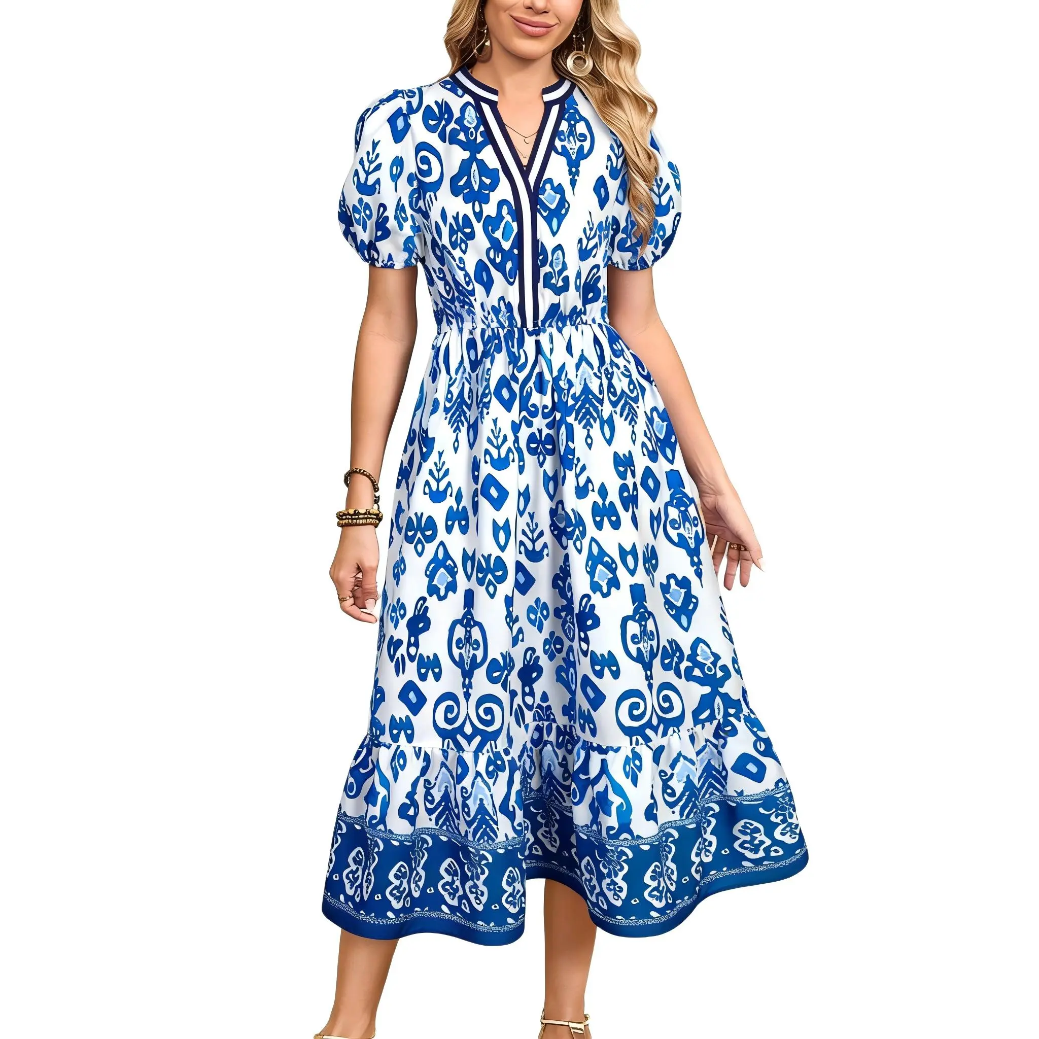 Womens Dresses Floral Puff Short Sleeve V Neck High Waist Maxi Dress with Pockets（Buy 2 Free Shipping）