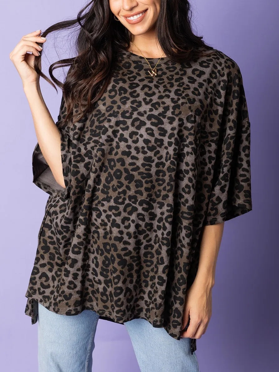 💝💝OVERSIZED CHECKERBOARD LEOPARD PRINT SIDE SLIT TOP (BUY 2 FREE SHIPPING)