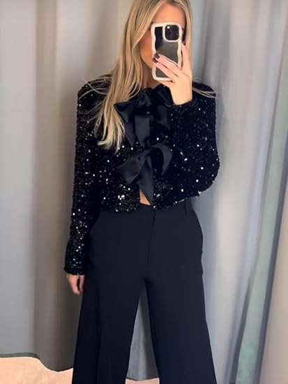 🔥HOT SALE🔥Women's Casual Sequin Jackets Bow Coats Sparkling Holiday Party Y2k Cropped Tops(BUY 2 FREE SHIPPING)
