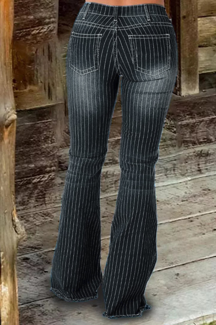 🔥🔥🔥🔥Striped Button Fly Raw Hem Flare Jeans