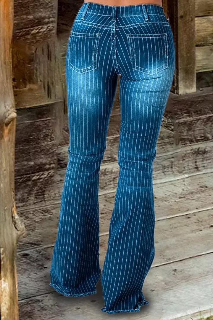 🔥🔥🔥🔥Striped Button Fly Raw Hem Flare Jeans