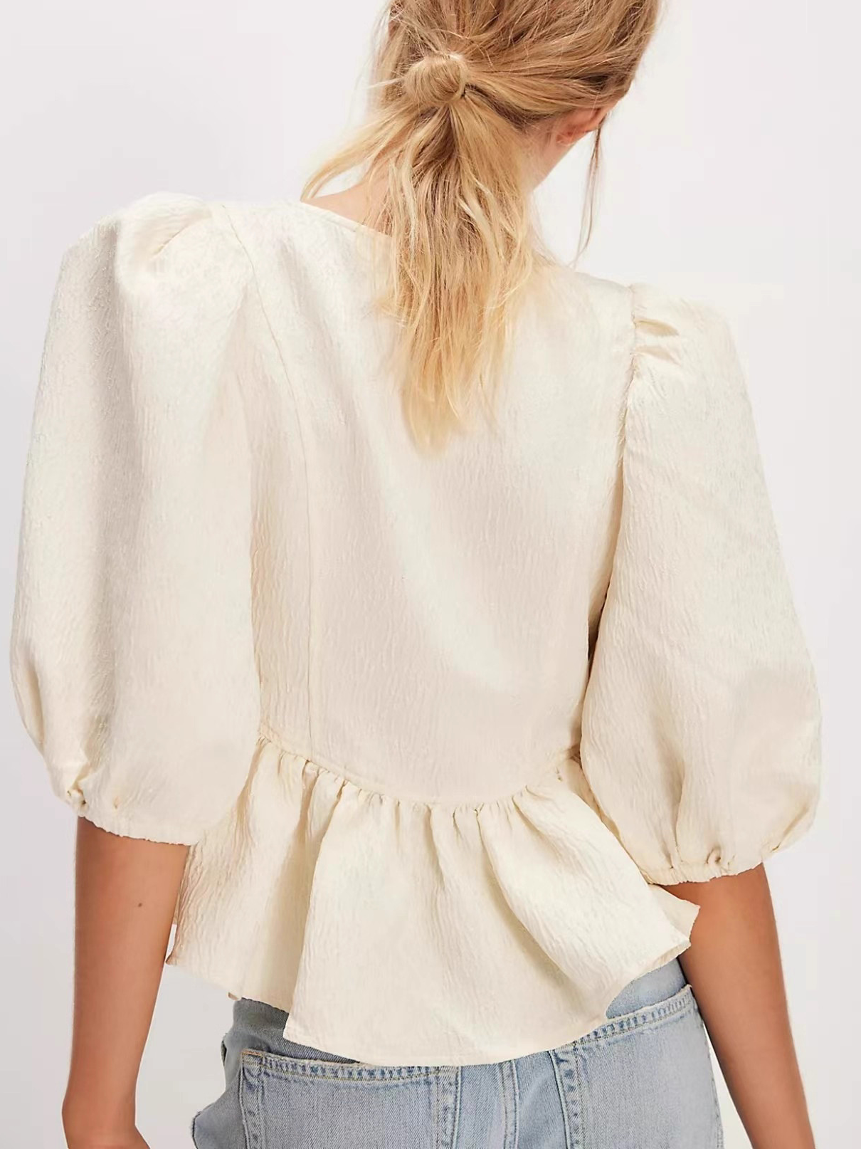 Women's Contrast Bow Puff Sleeve Peplum Blouse
