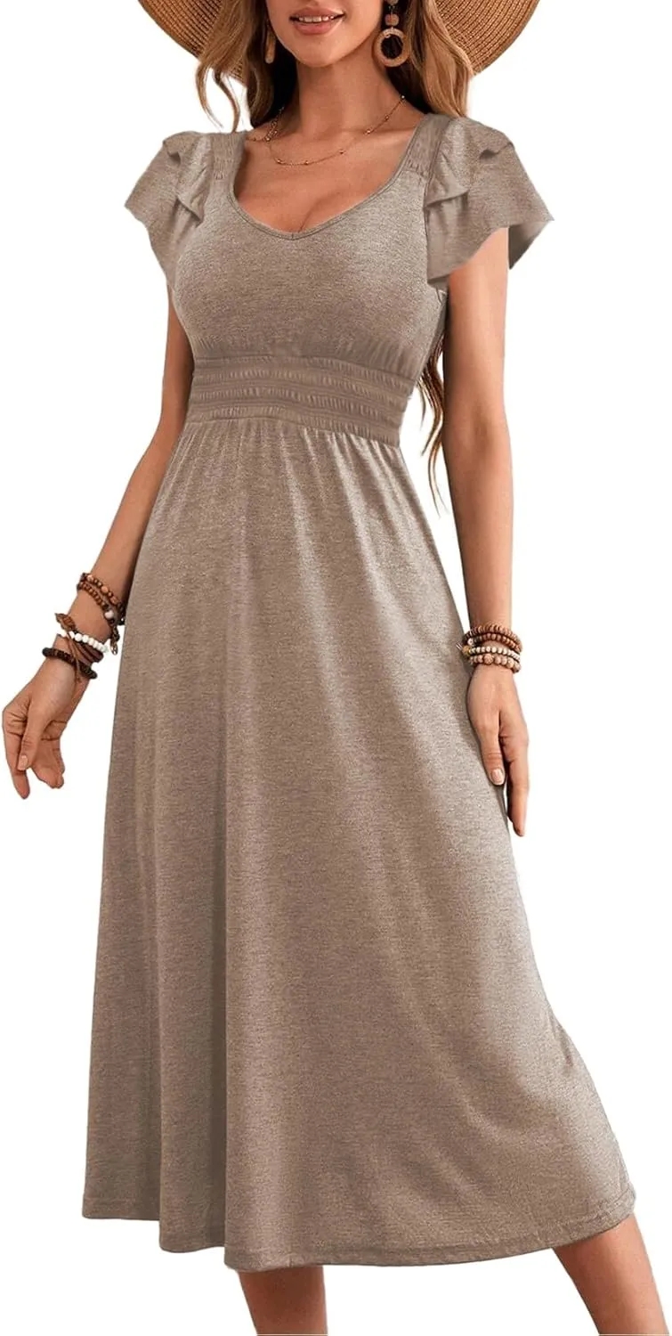 💝💝CASUAL ROUND NECK RUFFLED SHORT SLEEVE HIGH WAIST MIDI DRESS (BUY 2 FREE SHIPPING)