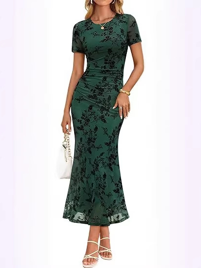 Women's Floral Mesh Short Sleeve Maxi Dress