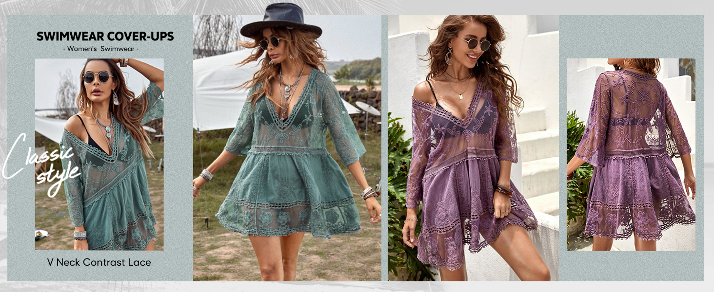 Contrast Lace Bathing Suit Cover Up for Swimwear Women Swimsuit Bikini Cover Up