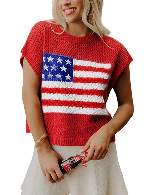 Women's American Flag Print Openwork Knit Sleeveless Sweater