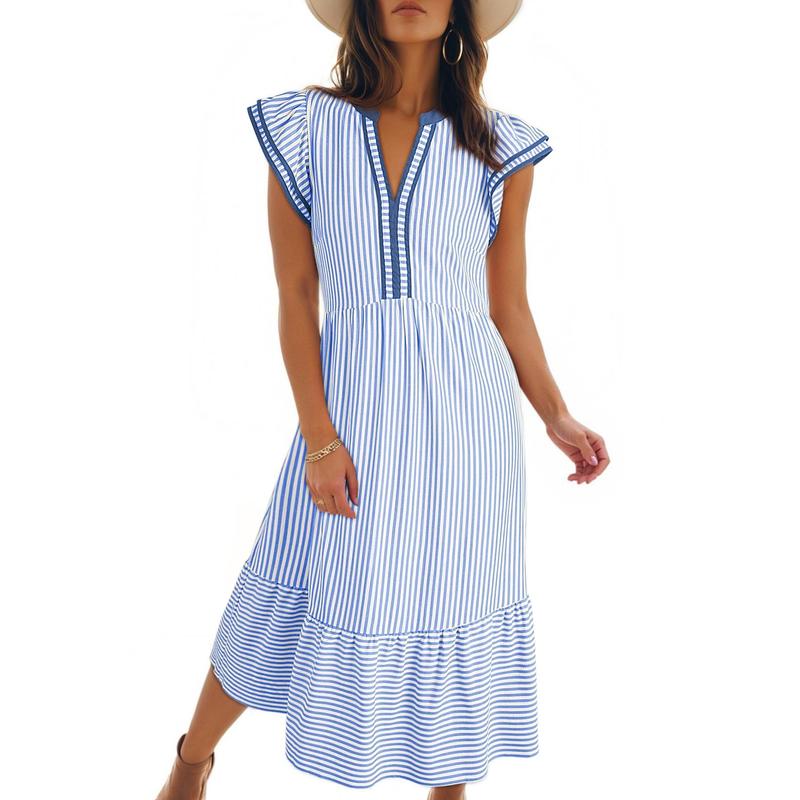 Womens Dresses 2026 Summer V-Neck Ruffle Cap Sleeve Empire Waist Flowy Striped Beach Midi Maxi Dress(buy 2 free shipping)