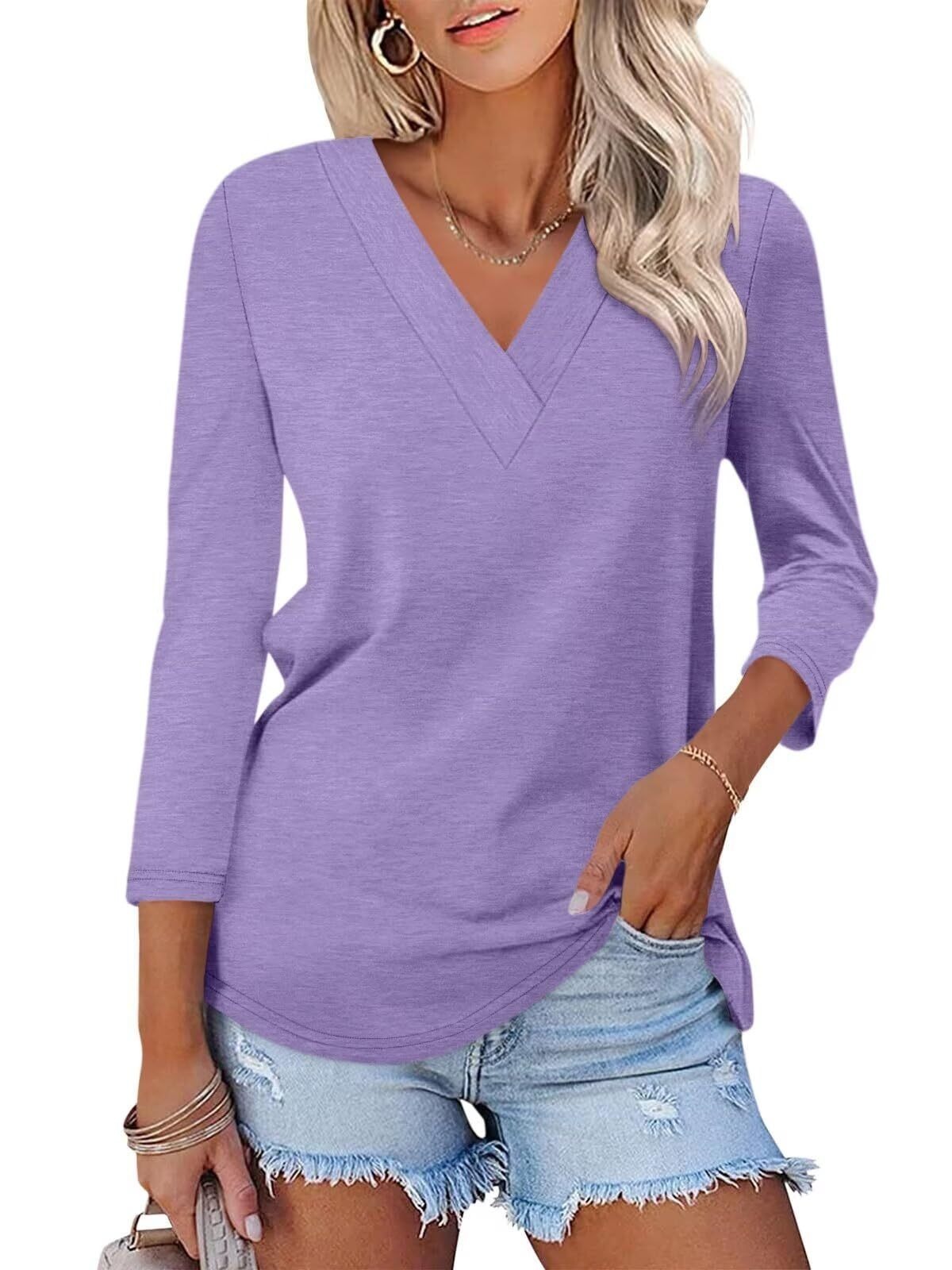 🔥Hot Sale🔥Women's 3/4 Length Sleeves V Neck Shirts Basic Tees(BUY 3 FREE SHIPPING)