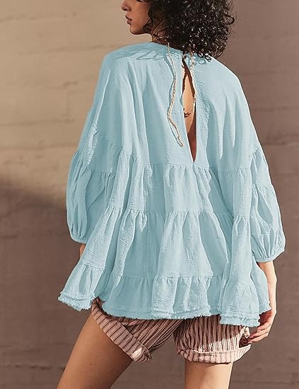 🔥HOT SALE🔥Women's Babydoll Shirts 3/4 Lantern Sleeve Peplum Tops Crewneck Loose Fit Oversized Round Neck Tunic Shirts(BUY 2 FREE SHIPPING)