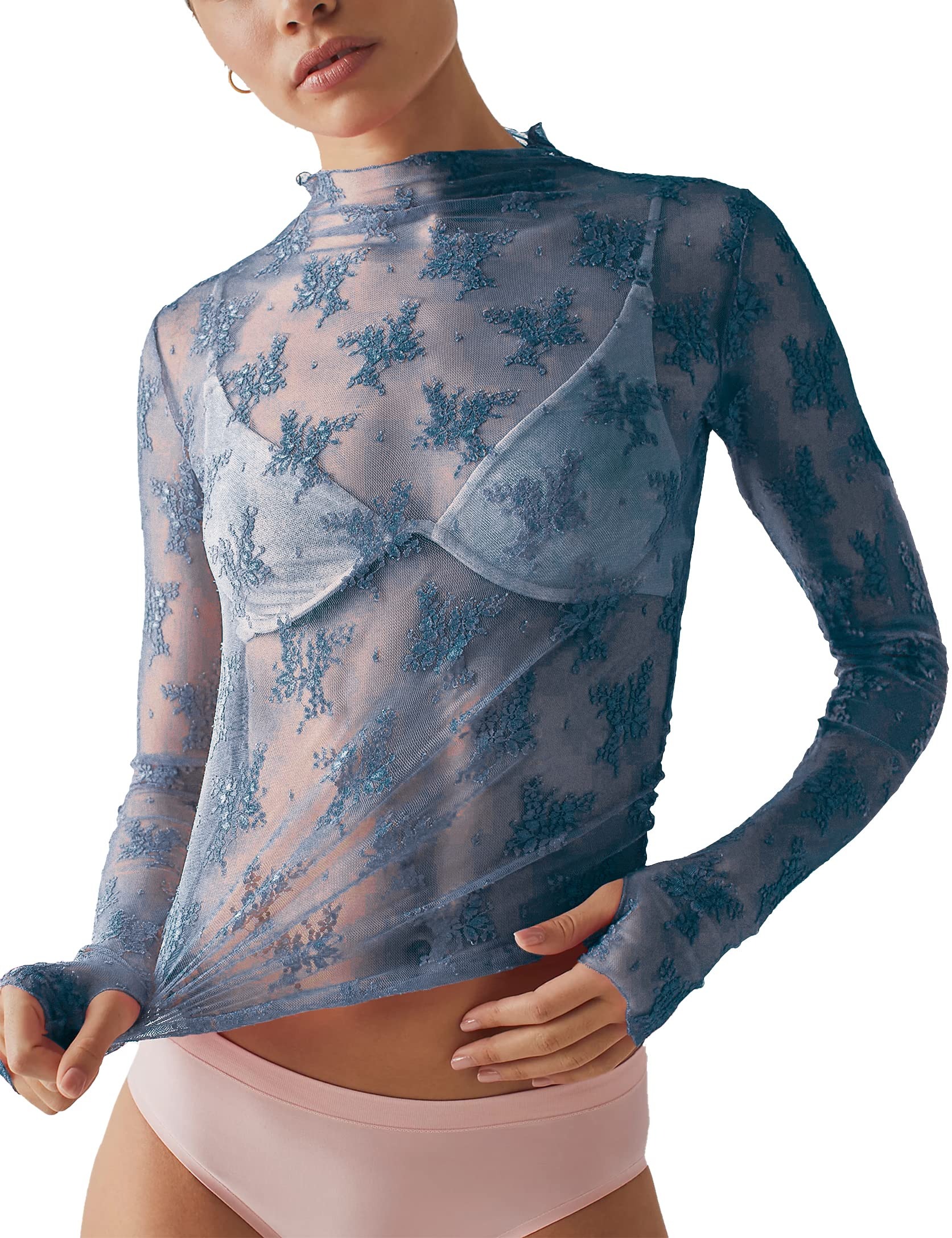 🔥HOT SALE🔥Women Long Sleeve Tops Sheer Lace Basic Shirt Casual Pullover for Fall Club Streetwear Aesthetic Clothes