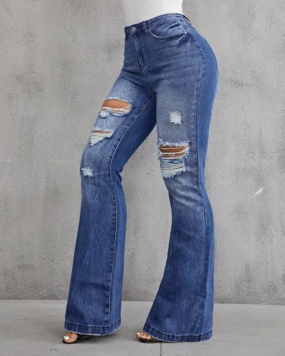 90S VINTAGE DISTRESSED ZIP FLY RAW HEM FLARE LEG JEANS