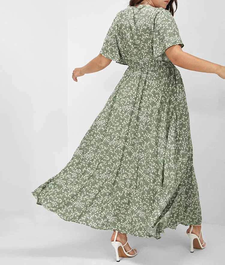 FLUTTER SLEEVE DITSY FLORAL SPLIT MAXI DRESS