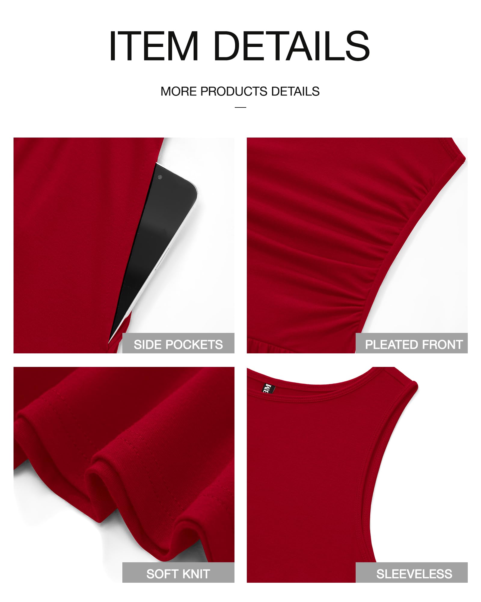 Women's Solid Color Sleeveless Waist Pleated Design Dress with Pockets